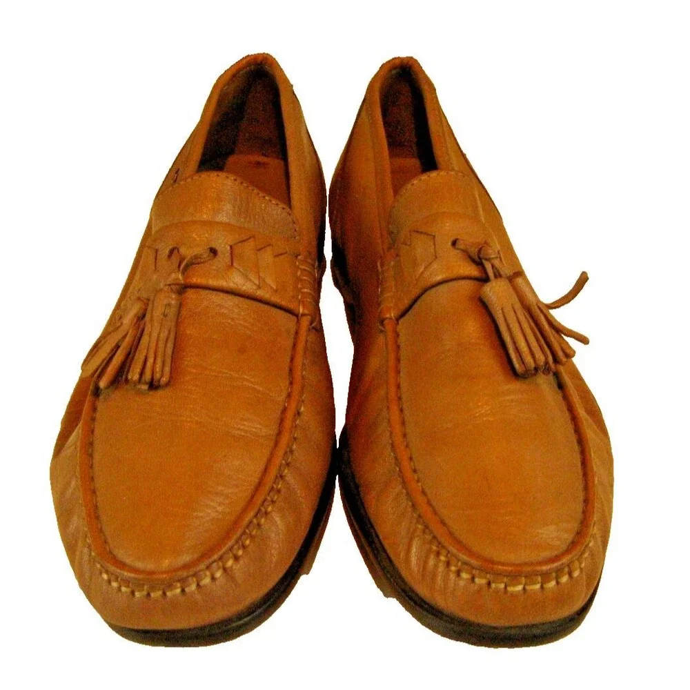 Mens French Shriner Tan Leather Tassle Dress SlipOn Moc Toe Loafer Shoes sz 8.5W